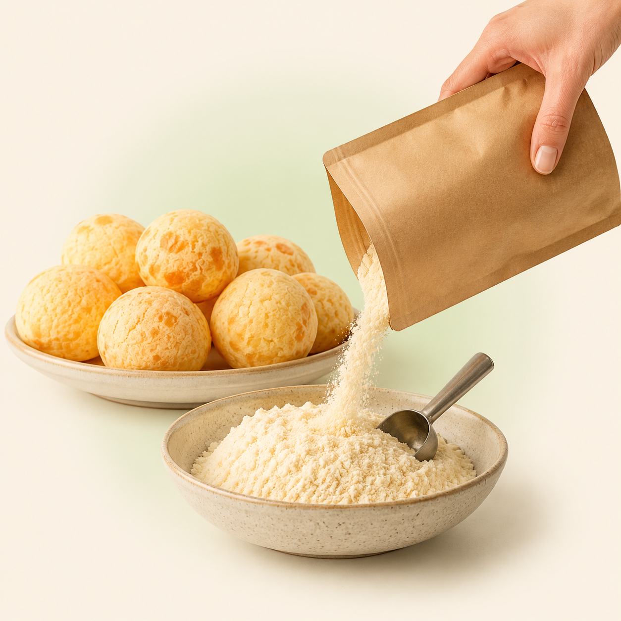 Pão de queijo dourado, feito com a mistura Monterica