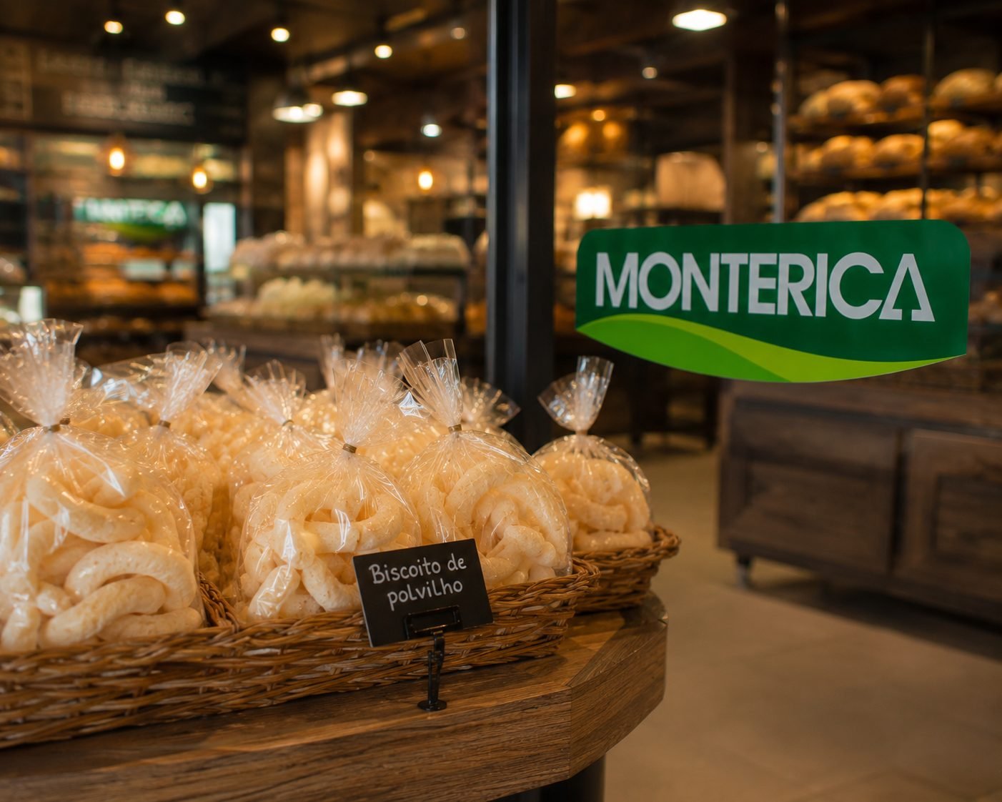 Pacotes de biscoito de polvilho Monterica em cesto, na vitrine do ponto de venda