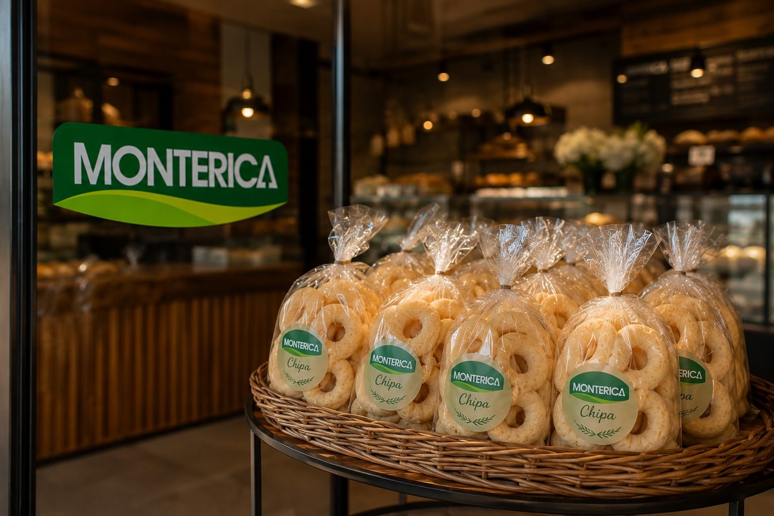 Pacotes de chipa Monterica em cesto, na vitrine do ponto de venda
